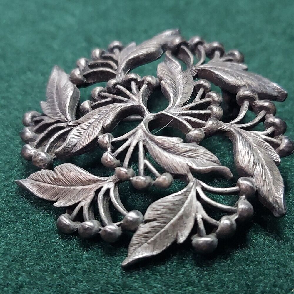 VTG Metal Leaves and Berries Brooch Pin 1 1/2"
